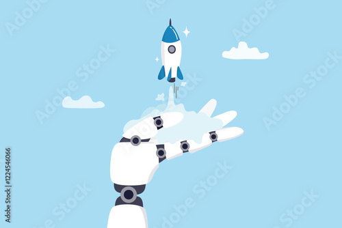 Innovation technology, AI artificial intelligence robot, machine learning project for automation system, innovative algorithm assistance, breakthrough creation concept, robot hand launch new rocket.