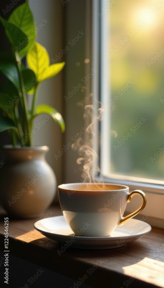 Soothing steam rises from tea cup on windowsill, , window scene, peaceful ambiance Soothing steam rises from tea cup on windowsill, , window scene, peaceful ambiance