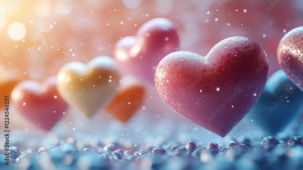 Vibrant hearts on sparkling background with warm light and falling snow Vibrant hearts on sparkling background with warm light and falling snow