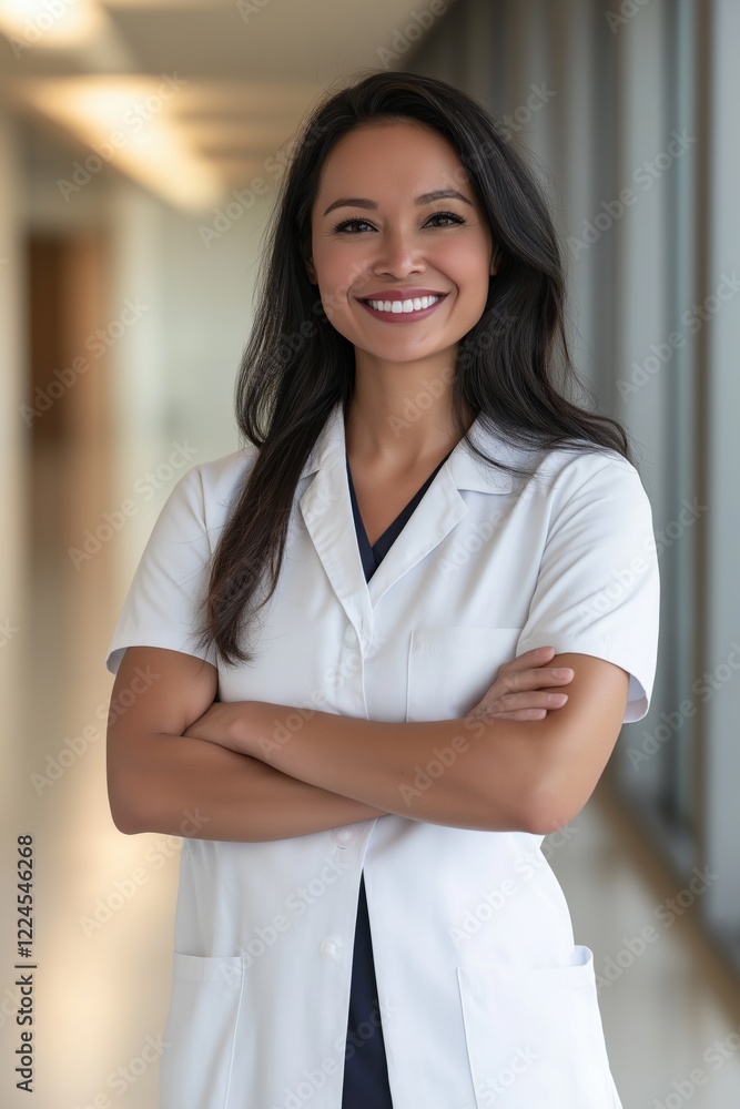 A woman in a white lab coat is smiling and posing for a photo. She is wearing a blue shirt underneath her coat A woman in a white lab coat is smiling and posing for a photo. She is wearing a blue shirt underneath her coat