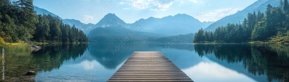 ** Serene Mountain Lake with Wooden Pier and Majestic Peaks Under Clear Blue Sky in Tranquil Natural Landscape..** ** Serene Mountain Lake with Wooden Pier and Majestic Peaks Under Clear Blue Sky in Tranquil Natural Landscape..**