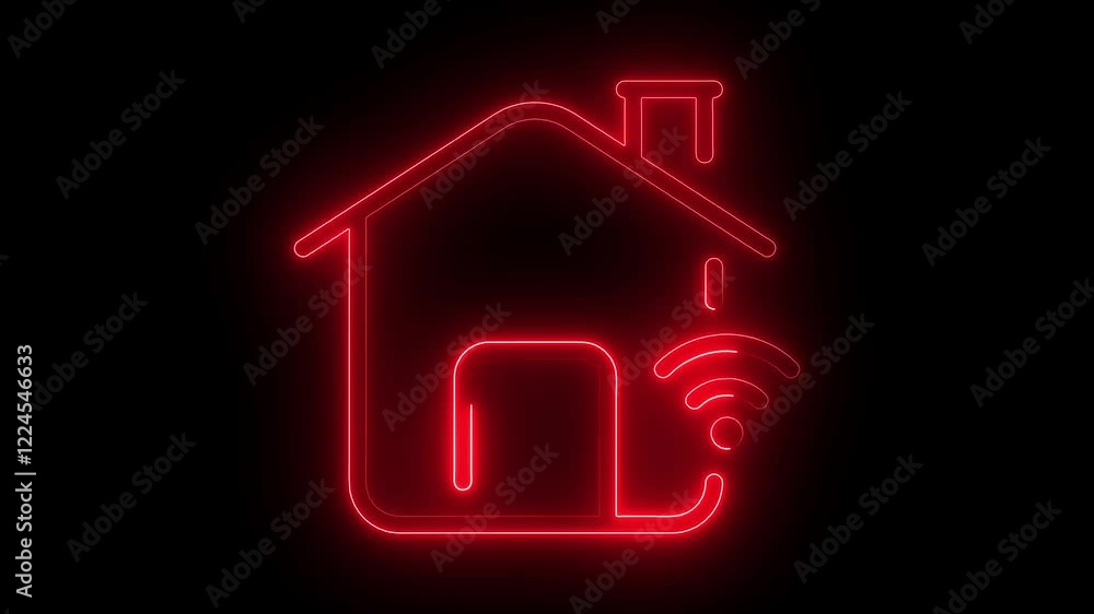 Smart home icon animation by red color neon on black background. Smart home icon animation by red color neon on black background.