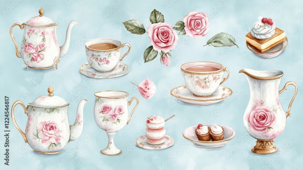 Watercolor illustration of British afternoon tea,tea break in the English style,tea set with Afternoon tea stand with macaroons and scone,cake,cup of tea,Tea time dessert table,vintage style. Watercolor illustration of British afternoon tea,tea break in the English style,tea set with Afternoon tea stand with macaroons and scone,cake,cup of tea,Tea time dessert table,vintage style.