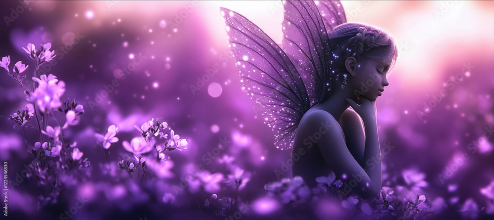 Fantasy, ethereal fairy sitting in a glowing purple flower field, Fantasy, ethereal fairy sitting in a glowing purple flower field,
