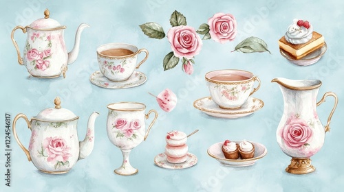 Watercolor illustration of British afternoon tea,tea break in the English style,tea set with Afternoon tea stand with macaroons and scone,cake,cup of tea,Tea time dessert table,vintage style.