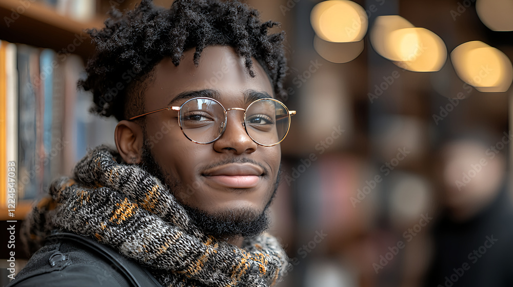 Young man smiling warmly in a cozy library setting Young man smiling warmly in a cozy library setting