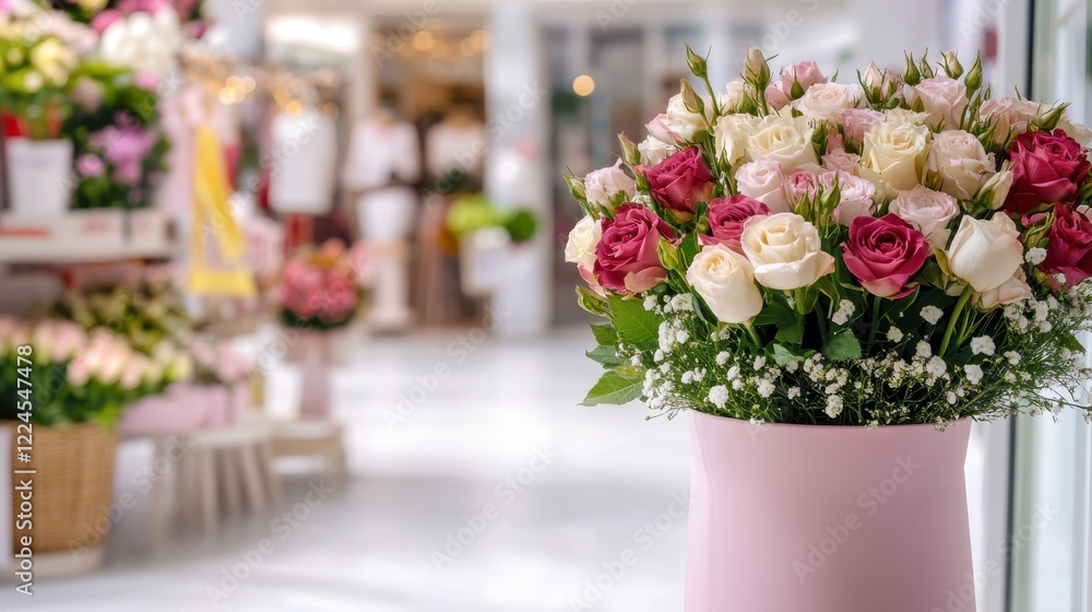 Obraz premium Blush Roses Bouquet in Pink Vase: A stunning bouquet of blush pink and cream roses, artfully arranged in a delicate pink vase, sits elegantly in a flower shop setting. The soft.