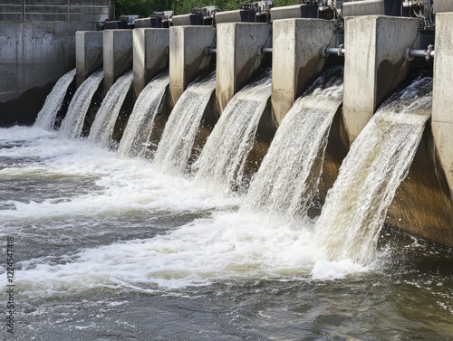 Dam with Waterfall on the River. Hydroelectric dam during Spring runoff, full water. Water rushing out of opened gates of hydro electric power dam. Concrete foothill and wall. Renewable energy systems photo