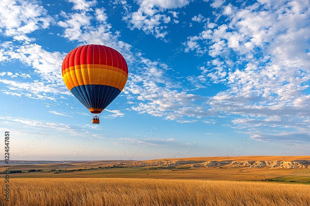 Fototapeta premium Colorful hot air balloon soaring over golden fields under a blue sky with scattered clouds at sunrise