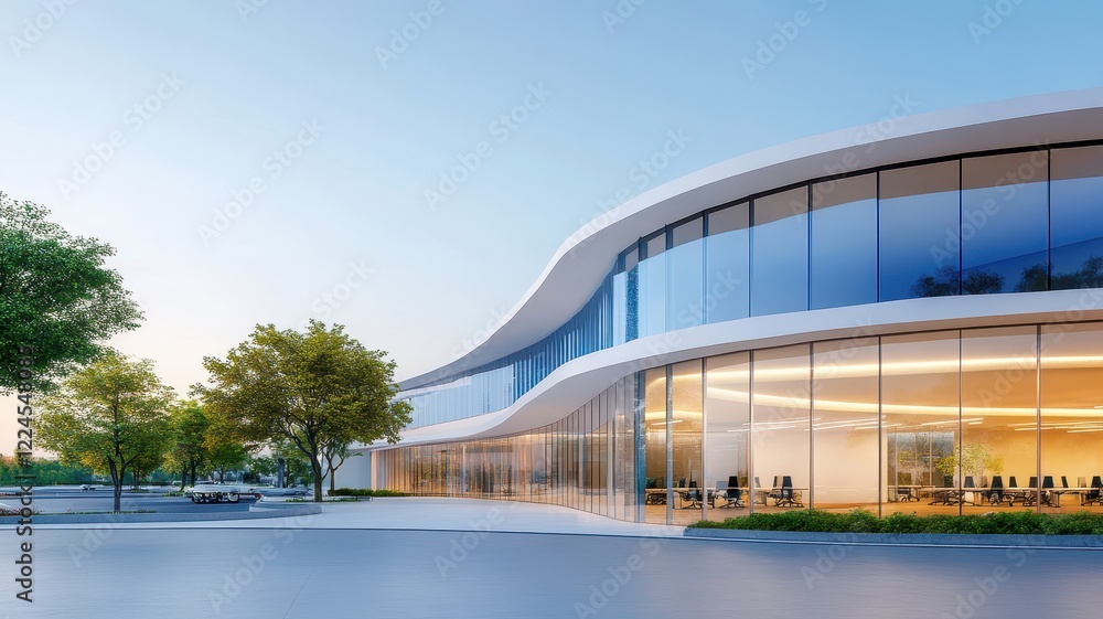 Modern office building with sleek architecture and expansive glass windows reflecting the urban skyline.
