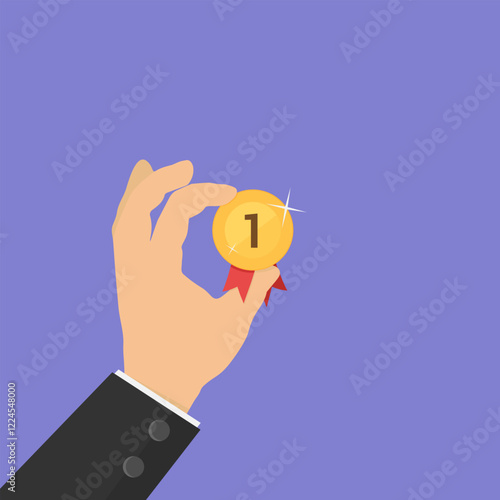 Hand holding a gold first place medal. Concept of success, achievement, competition, and recognition
