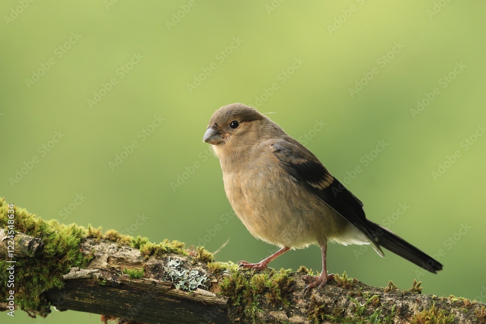 Fototapeta premium A young bullfinch sits on a branch covered in green moss. Pyrrhula pyrrhula.