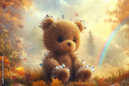 kawaii-style teddy bear with crystal spikes, sitting in misty autumn forest under double rainbow, detailed anime art style