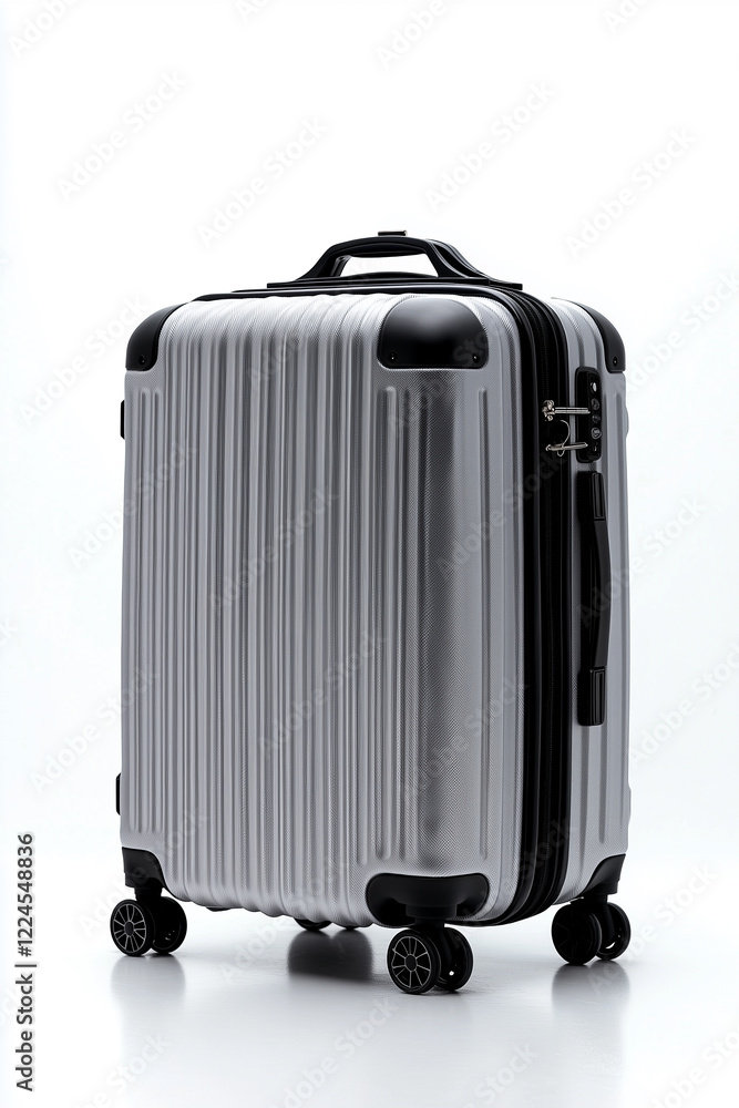 High-end modern luggage on wheels showcases elegance and luxury against a pristine white background High-end modern luggage on wheels showcases elegance and luxury against a pristine white background