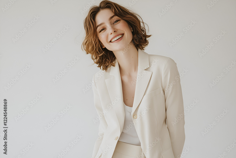 Radiant Smile, Confident Style: A young woman with short, wavy hair radiates confidence and joy, her genuine smile captivating the viewer. She's dressed in a chic, all-white ensemble. Radiant Smile, Confident Style: A young woman with short, wavy hair radiates confidence and joy, her genuine smile captivating the viewer. She's dressed in a chic, all-white ensemble.