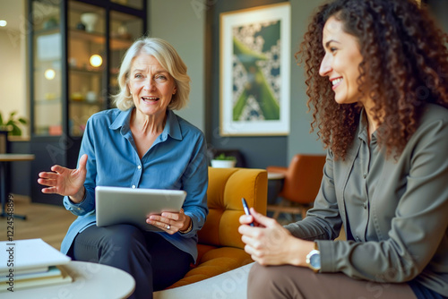 Two Women Discussing While Using a Tablet on the Couch