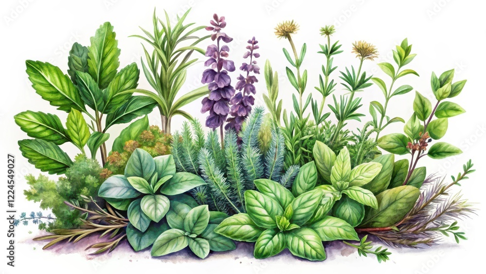 Fototapeta premium Watercolor illustration of a garden scene with various culinary herbs and plants such as rosemary thyme lavender basil mint and oregano in a whimsical style , illustration, botanical