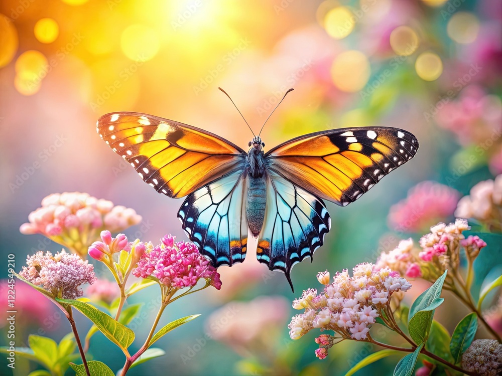 Fototapeta premium Minimalist Butterfly Closeup: Delicate Wings on Blooming Shrub