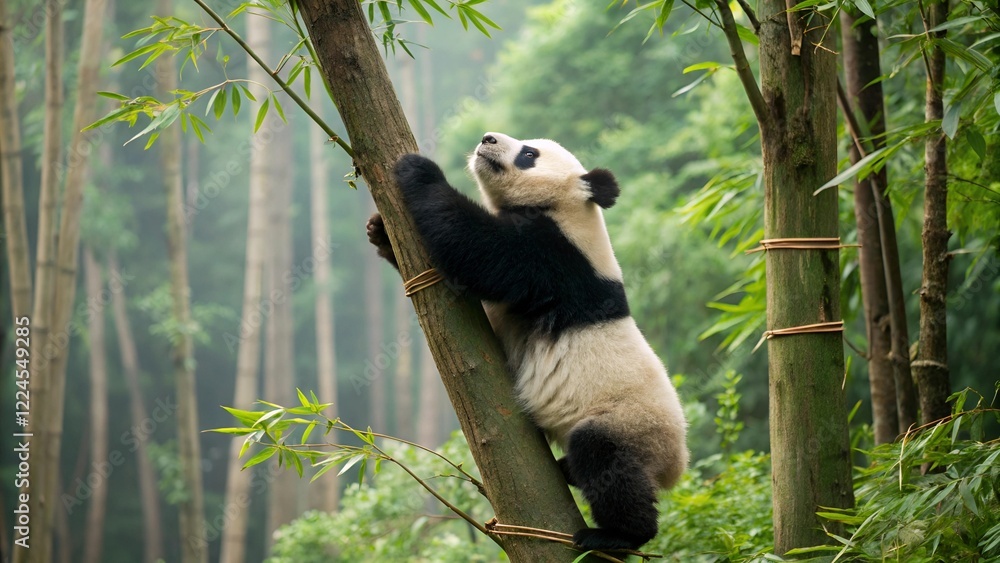Fototapeta premium Playful Panda Climbing Tree: A Charming Moment of a Panda in Action, Skillfully Scaling a Tree in Its Natural Habitat.