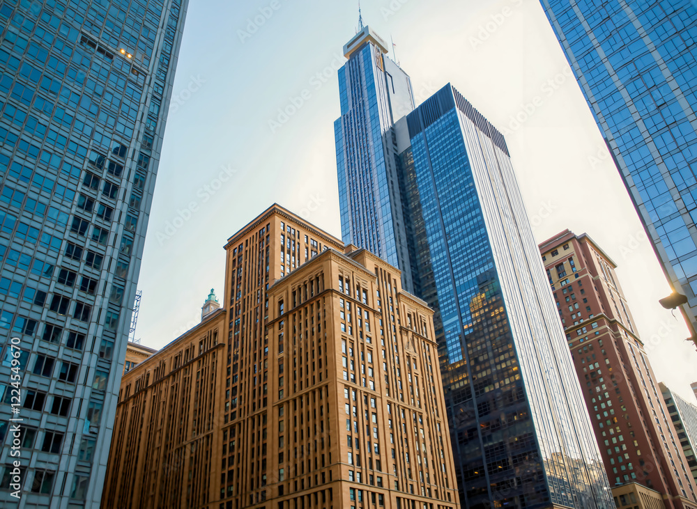 Skyline of Tall Buildings Against a Clear Blue Sky Background Skyline of Tall Buildings Against a Clear Blue Sky Background