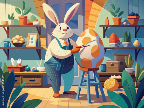 En una acogedora habitación, un conejo de Pascua está absorto pintando diseños en un gran huevo, colocado en un soporte.

