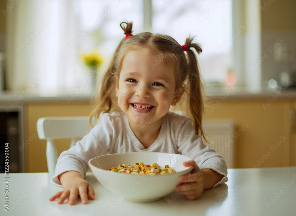 Little Girl Enjoys Breakfast Cereal at the Kitchen Table Little Girl Enjoys Breakfast Cereal at the Kitchen Table