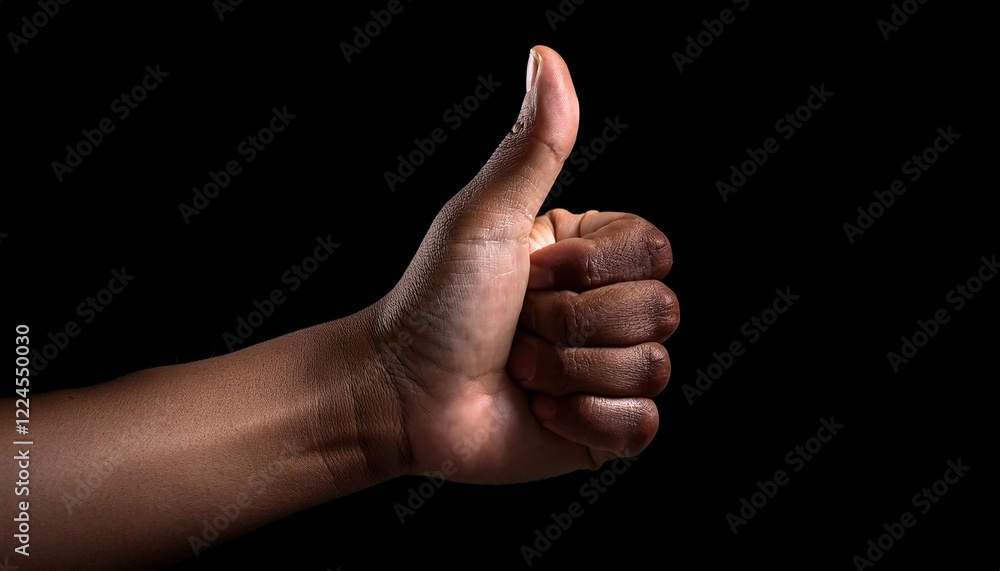 a single hand forming the thumbs-up gesture, symbolizing positivity, approval, encouragement, and agreement, captured with dramatic lighting to emphasize texture and contrast against a dark background a single hand forming the thumbs-up gesture, symbolizing positivity, approval, encouragement, and agreement, captured with dramatic lighting to emphasize texture and contrast against a dark background
