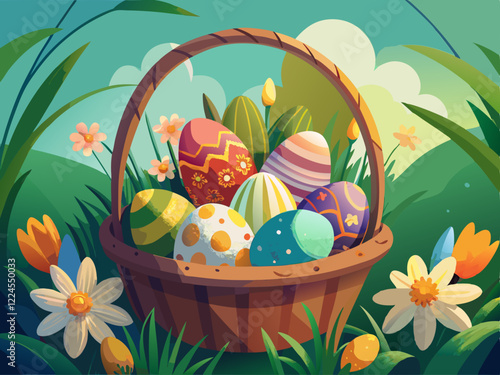 Sobre un fondo de prado verde, hay una cesta de mimbre llena de huevos de Pascua multicolores, украшенных con diseños brillantes.

