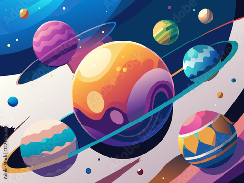 Planetas coloridos y brillantes flotan en el espacio exterior, rodeados de estrellas y nebulosas. Un paisaje fantástico con patrones abstractos en los planetas crea una sensación de infinitud del univ