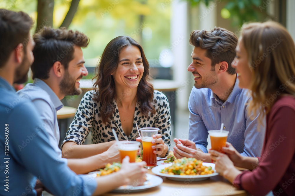 Group Enjoying Food and Beer Together at a Table Group Enjoying Food and Beer Together at a Table