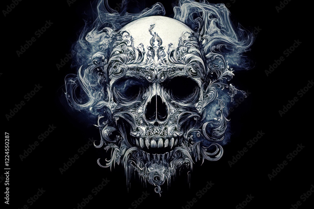 Intricate Skull Design with Ornate Patterns Surrounded by Mysterious Smoke on a Dark Background Perfect for Gothic or Horror Themes Intricate Skull Design with Ornate Patterns Surrounded by Mysterious Smoke on a Dark Background Perfect for Gothic or Horror Themes
