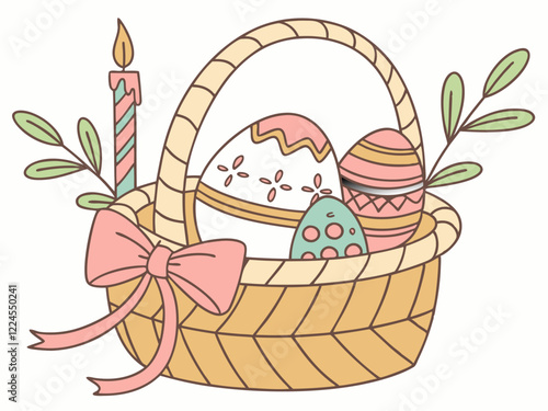 Sobre un fondo blanco, se representa una cesta de mimbre con huevos de Pascua y una vela encendida. La cesta, en tonos pastel claros, tiene un lazo rosa atado delante. Dentro de la cesta hay tres huev