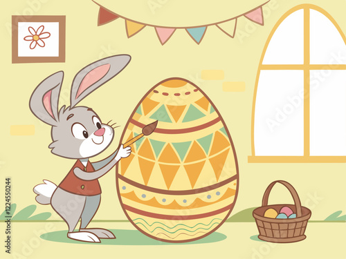 Sobre un fondo amarillo claro, se representa un lindo conejo de Pascua ocupado decorando un gran huevo. El conejo está de pie a la derecha, sosteniendo un pincel en sus patas y aplicando cuidadosament