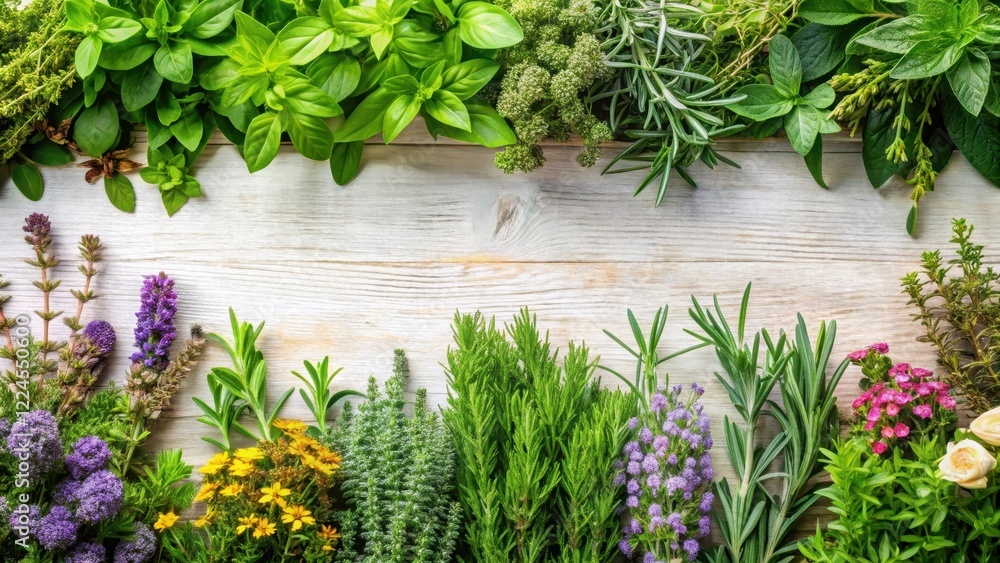 Fresh herb garden border with fragrant rosemary and thyme , plant, flowers, plant, flowers, outdoor Fresh herb garden border with fragrant rosemary and thyme , plant, flowers, plant, flowers, outdoor