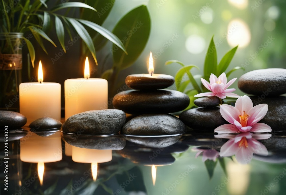 Serene spa setting featuring smooth stones, candles, and a water lily, perfect for wellness, relaxation, or meditation themes, inviting tranquility and calmness. Serene spa setting featuring smooth stones, candles, and a water lily, perfect for wellness, relaxation, or meditation themes, inviting tranquility and calmness.