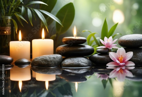 Serene spa setting featuring smooth stones, candles, and a water lily, perfect for wellness, relaxation, or meditation themes, inviting tranquility and calmness.  photo