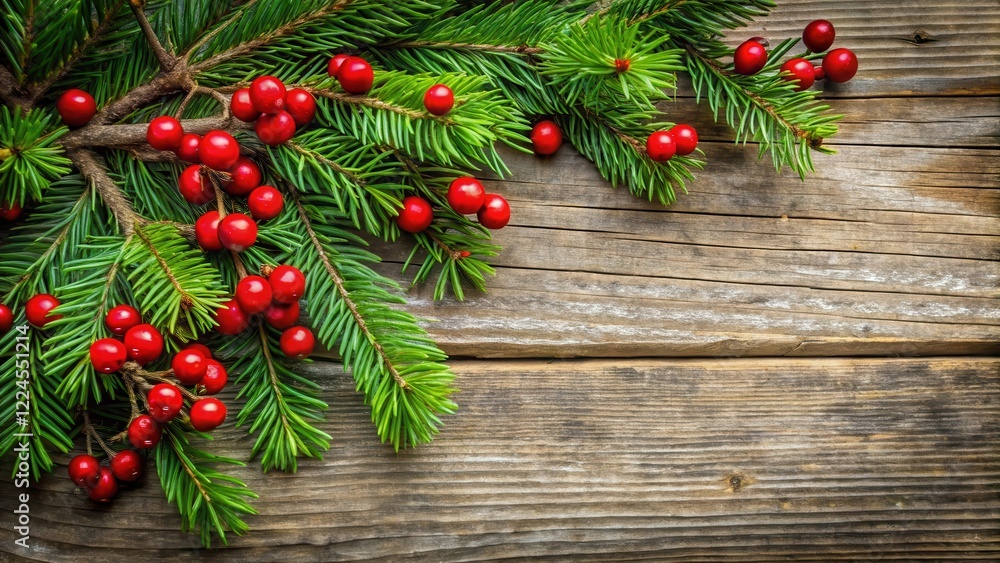 A lush evergreen branch with vibrant green foliage and ripe red berries against a weathered rustic wooden background, evoking a sense of winter wonderland magic , outdoors, seasonal A lush evergreen branch with vibrant green foliage and ripe red berries against a weathered rustic wooden background, evoking a sense of winter wonderland magic , outdoors, seasonal