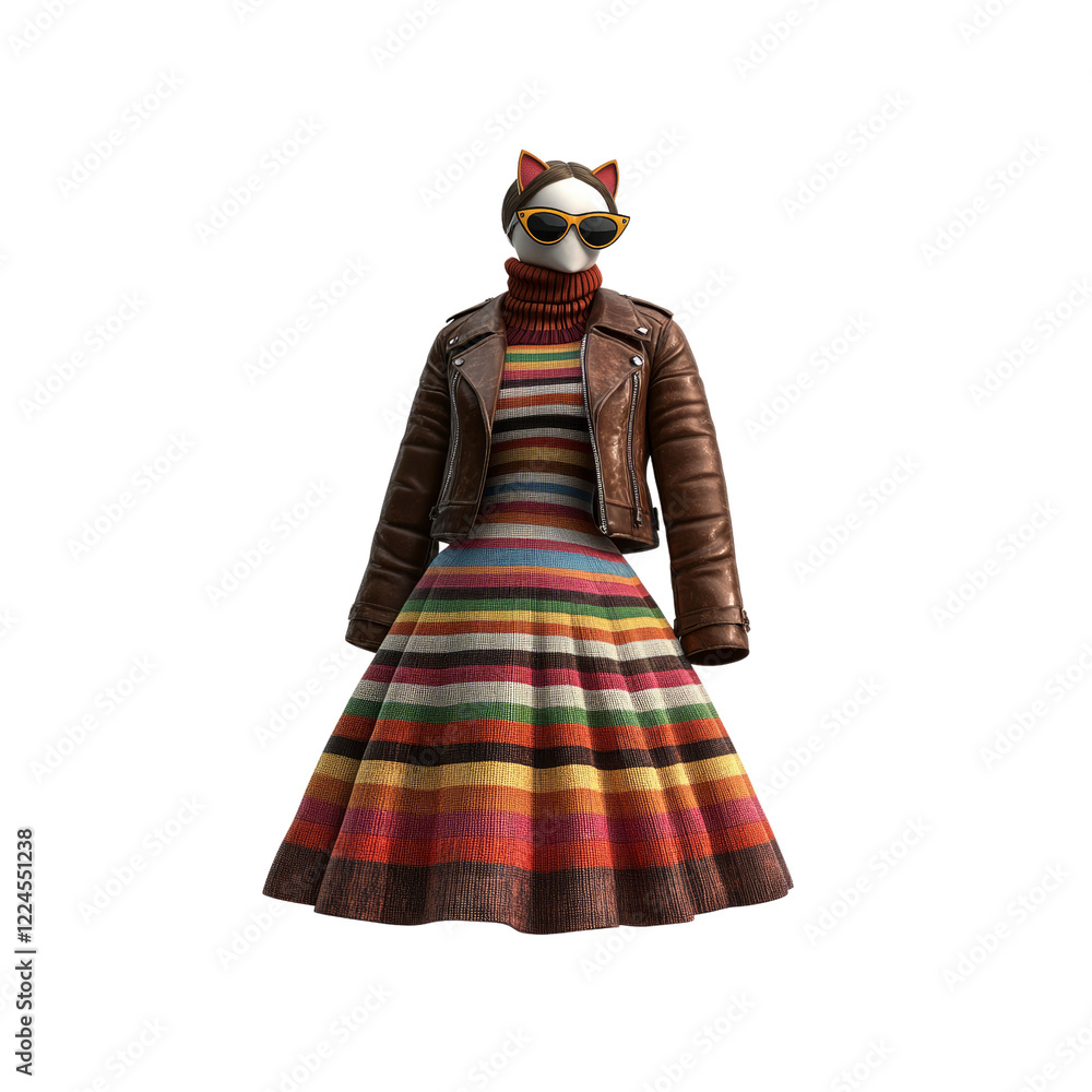 Obraz premium Stylish Woman's Rainbow Striped Knit Dress with Brown Leather Jacket and Cat-Ear Sunglasses
