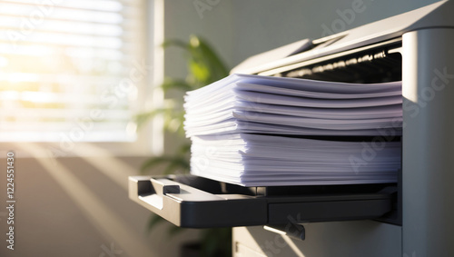 Wallpaper Mural a stack of A4 papers sitting on a printer tray, surrounded by a softly blurred office setting.  Torontodigital.ca