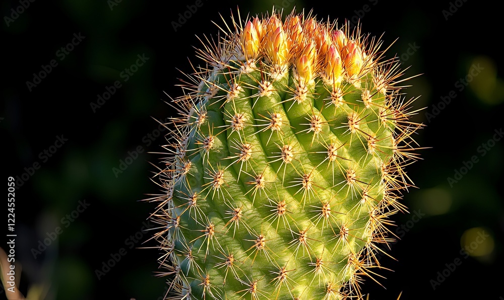 Blooming cactus with orange buds in desert sunlight, close-up for nature backgrounds Blooming cactus with orange buds in desert sunlight, close-up for nature backgrounds