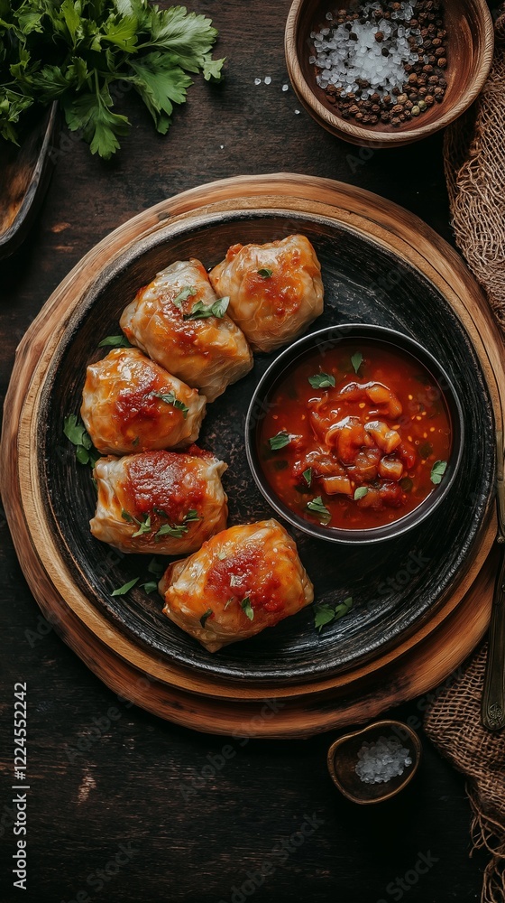 Stuffed cabbage rolls with spicy tomato sauce. Stuffed cabbage rolls with spicy tomato sauce.