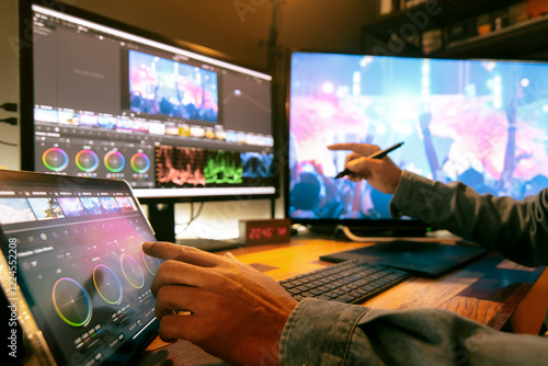 Filmmaker or video editor and colorist, working with footage or video on his personal computer by digital tablet, in his creative office studio.
