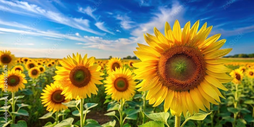 Large, bright yellow sunflowers in a field with green grass and blue sky, petals, outdoor, petals, outdoor,sunflowers Large, bright yellow sunflowers in a field with green grass and blue sky, petals, outdoor, petals, outdoor,sunflowers