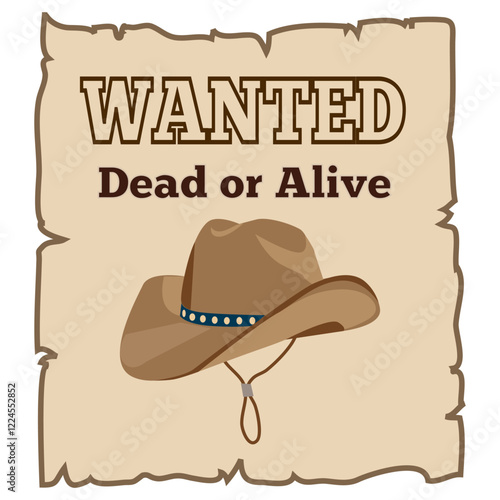 Old, tattered poster with the words Wanted Dead or Alive and a cowboy hat, ideal for western-themed events, cowboy aesthetics, historical settings, adventure, and themed parties. Vintage, rugged