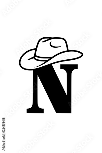 Letter N with Cowboy Hat Western Style, Black and white illustration of the letter "N" wearing a cowboy hat, representing Western culture, country style, rodeo themes, and rustic typography.  
  
