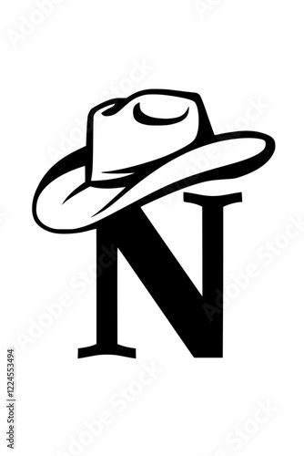 Letter N with Cowboy Hat Western Style, Black and white illustration of the letter "N" wearing a cowboy hat, representing Western culture, country style, rodeo themes, and rustic typography.  
  
