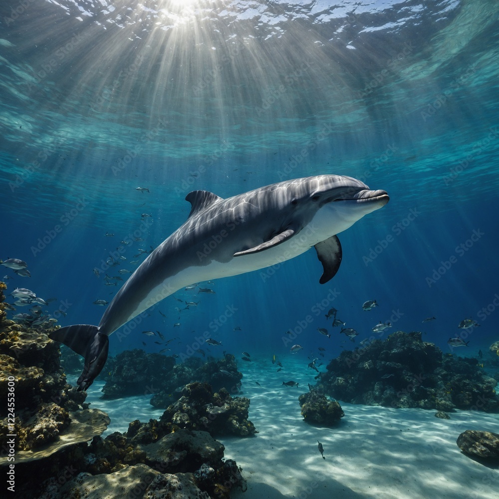 Obraz premium Create a vibrant and playful underwater scene featuring a dolphin with an expressive and curious look. 