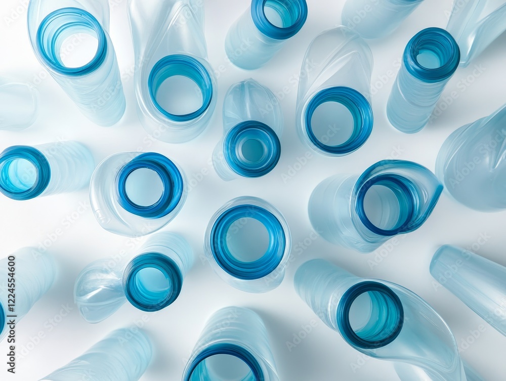 Scattered translucent blue bottles on white background. Scattered translucent blue bottles on white background.
