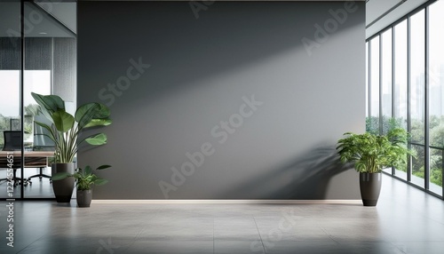 Modern empty grey wall in a spacious office interior with plants and large windows. 3D Rendering
