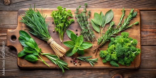 Fresh herb sampler selection on a wooden cutting board, herb varieties, fresh herbs